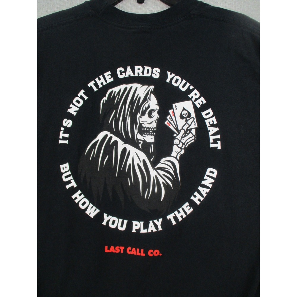 Last Call Co Mens Grim Reaper Playing Cards Graphic T-Shirt Black Large